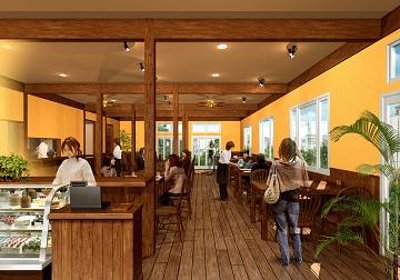 南国風・南欧風のオシャレなカフェ・cafeの設計デザイン・ケーキショップを併設したランチセットや夜のディナーコースがカジュアルに楽しむことも出来るcafe