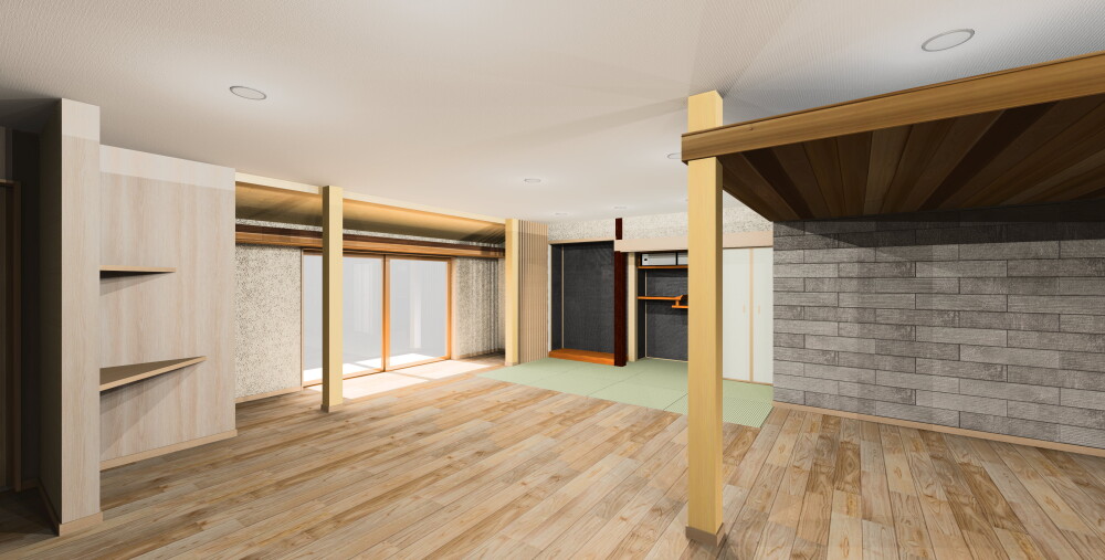 母屋の四間取りの和室と広縁、縁側部分を取り込んで一つの大きな洋間にデザインして床の間と違い棚を残して畳の座面空間として味わいをデザインしつつ暮らしの自由空間を設計する提案
