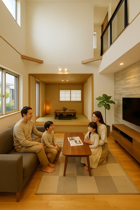 30代子育て世代に選ばれる、和モダン&times;自然素材の健康住宅。家族が安心して暮らせる明るく開放的なリビング空間