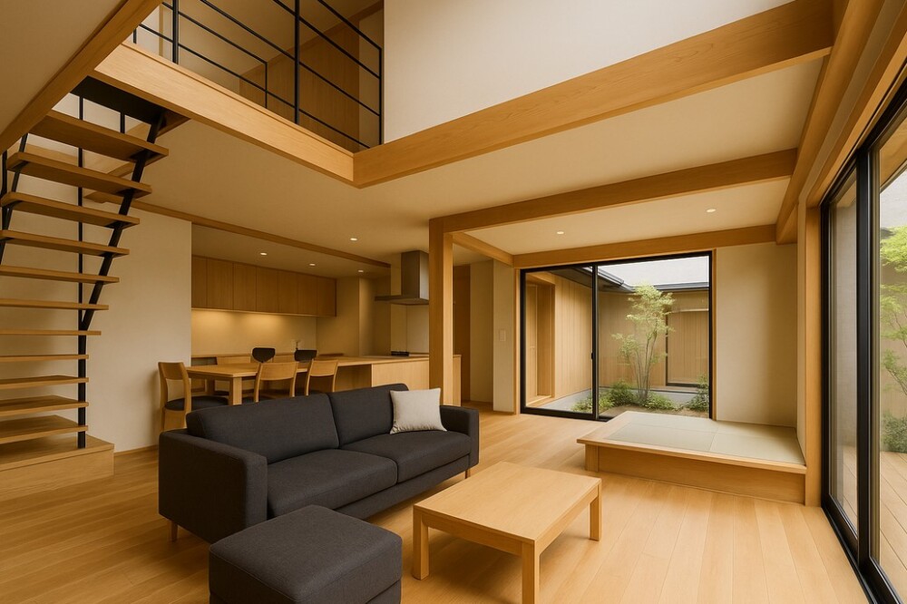 奈良県で建築家とつくる注文住宅の一例。吹き抜けのあるジャパンディスタイルのLDK一体型空間。ナチュラルオークの木質感とスチール階段が調和し、畳コーナーや中庭の景を室内に取り込む設計が、家族の暮らしの豊かさと心地よさを育む。やまぐち建築設計室が提案する&ldquo;住んでから満足できる家&rdquo;の住空間デザイン。