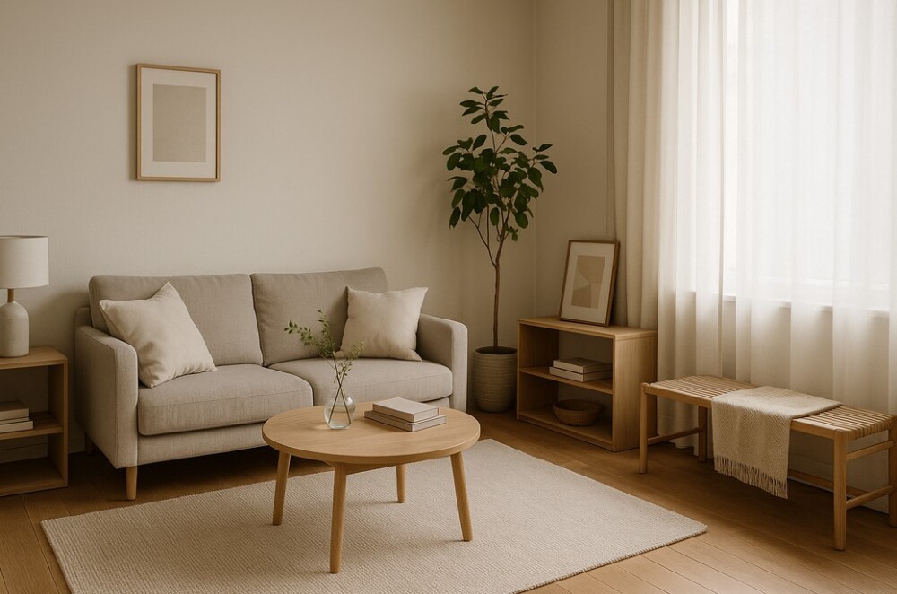 6畳程度の一人暮らしのお部屋に整えられたナチュラルモダンなインテリア空間。木の質感を活かした家具とベージュのソファ、観葉植物を配置した、やまぐち建築設計室の提案する心地よい&ldquo;プチ模様替え&rdquo;の実例イメージ。暮らしの質を高める空間づくりの参考に