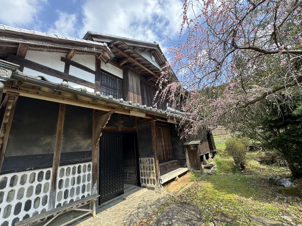 山あいの自然に囲まれた築古の日本家屋（古民家）の外観。土壁と木組みが残る歴史ある住まいが、長年の空き家として活用されずにいた様子が伺える。春の梅が咲く庭先で、空き家の現地調査を行い、古民家再生や空き家活用の可能性を検討するための参考事例。実家の空き家問題や売却・再生に悩む人向けの専門的な空き家資産の見直しを伝える文脈に適した写真。