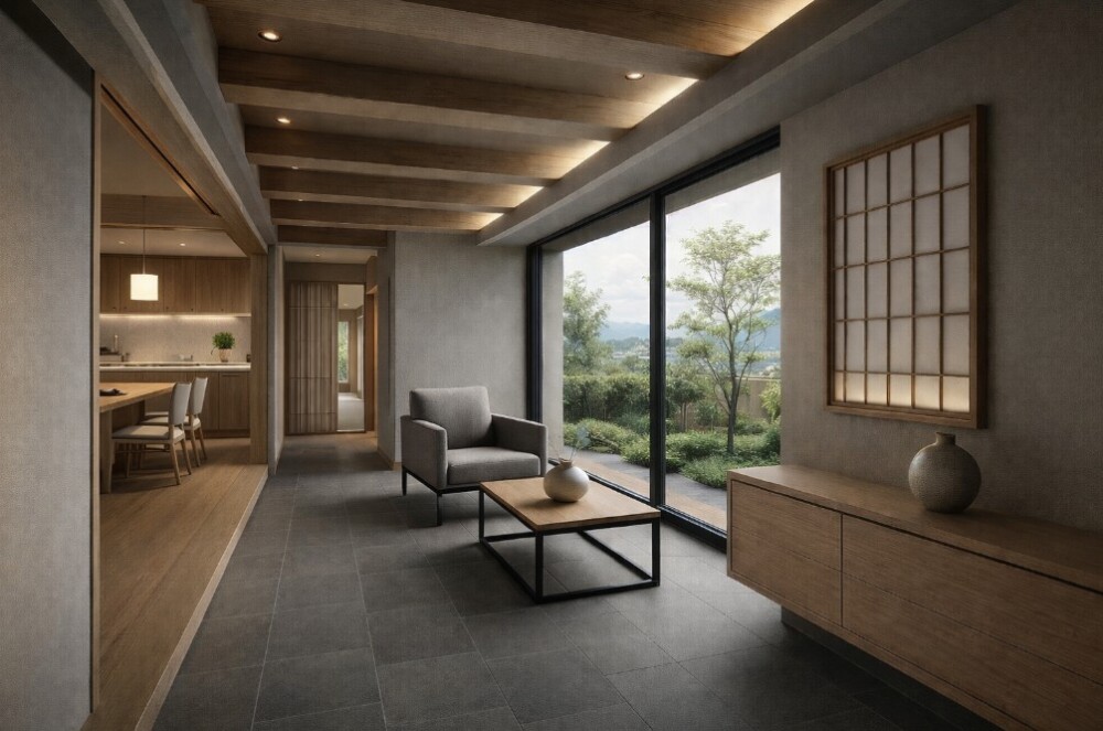 奈良県で建築家とつくる高級注文住宅の玄関・LDK空間事例。グレーのタイル床と無垢材天井による和モダンデザインで、玄関を過ごす場所として設計。大開口から庭の景色を取り込み、別荘やホテルのような上質な暮らしを実現する空間構成。大阪・和歌山・三重から奈良で家を建てたい方に向けた設計イメージ。