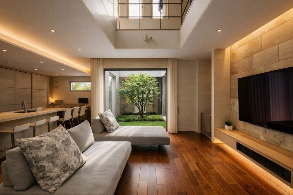 建築家が感情を設計したホテルライクなデザイナーズ住宅のリビング空間。淡いベージュを基調とした木目の内装とブラックチェリーのフローリング、薄いグレーのソファが落ち着きのある心地よさを生み出し、中庭に植えたソヨゴと和芝の緑が暮らしの感情をやさしく整える住まい。